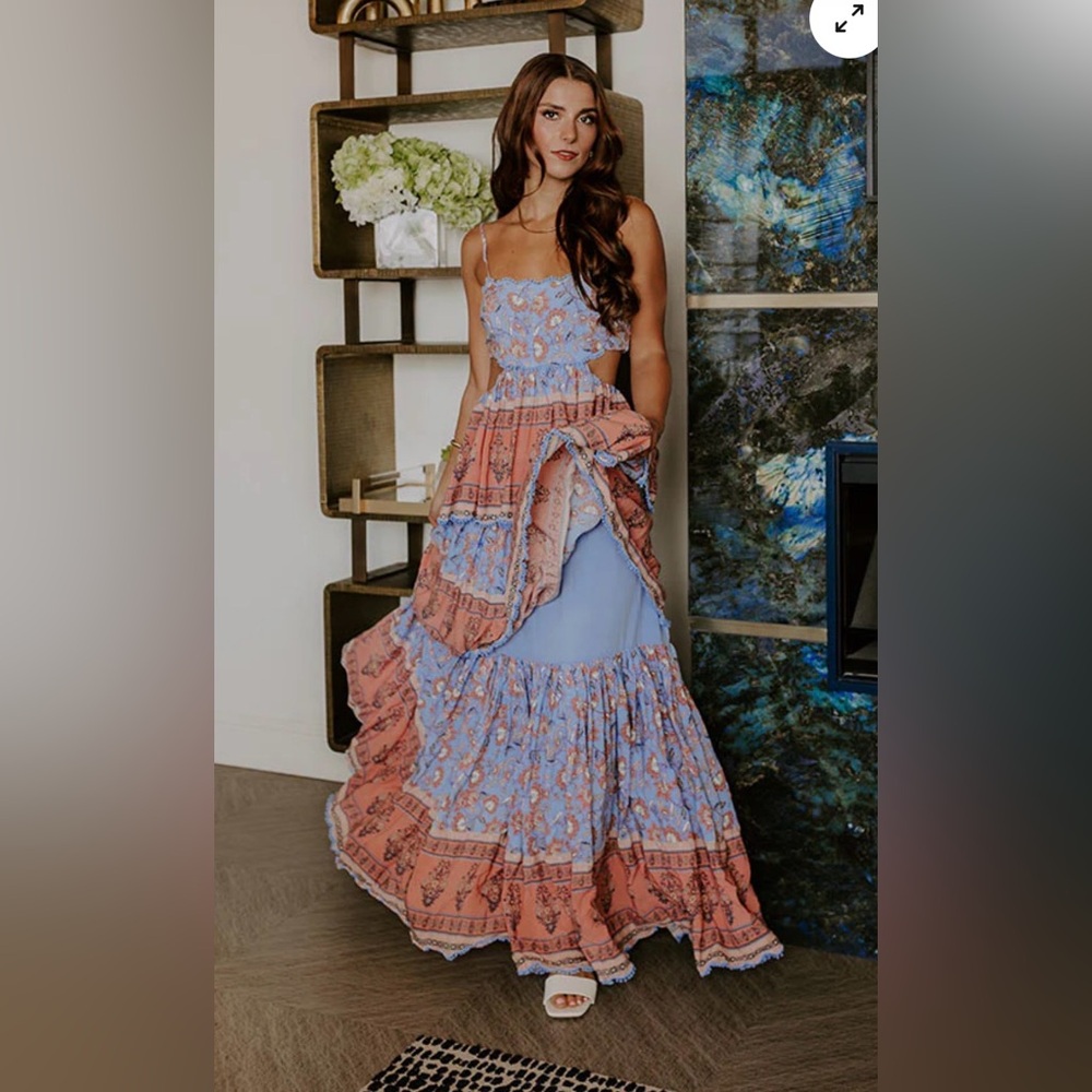 Boho Maxi Dress with Blue and Terracotta Print